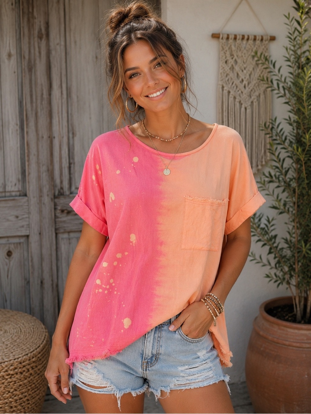 Umgee Pink & Peach Ombre Pocket Tee ☀️ 🩷